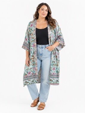 Floral Border Print Longline Kimono Beach Cover-Up open Front Duster O/S plus!